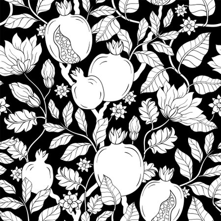 Black and white Pomegranate Garnet pattern.のイラスト素材
