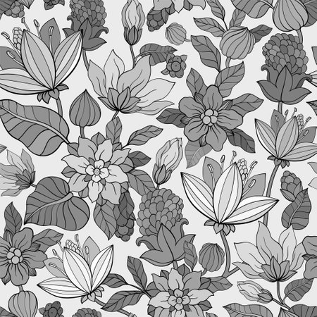 Blooming pattern. Monochrome Plant backgroundのイラスト素材