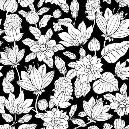 Blooming pattern. Black and white Plant backgroundのイラスト素材