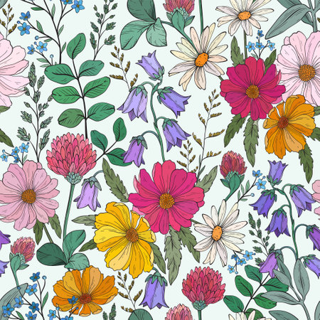 Seamless pattern of different wild herbs and flowerのイラスト素材