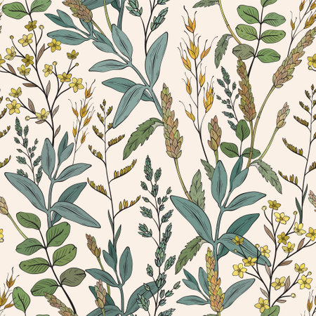 Seamless pattern with wild herbs, wheat spikeletsのイラスト素材