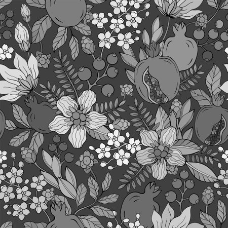 Monochrome Pomegranate fruit and flowers pattern.のイラスト素材