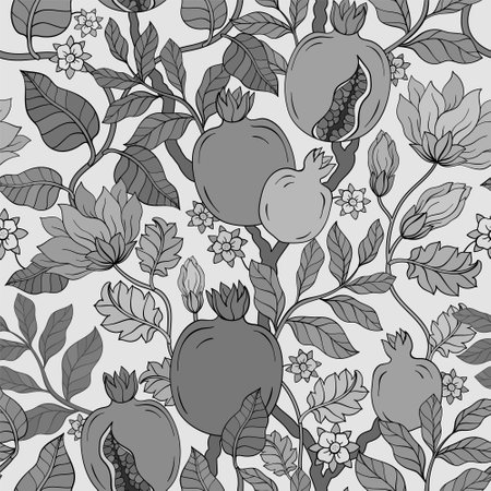 Monochrome Pomegranate Garnet and flowers pattern.のイラスト素材