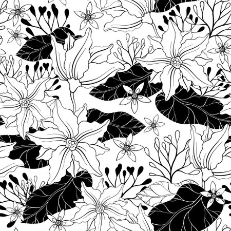 black and white pattern with water liliesのイラスト素材