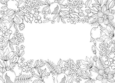 an elegant line art square frame adorned with Pomegranate Garnet leaf and flowersのイラスト素材