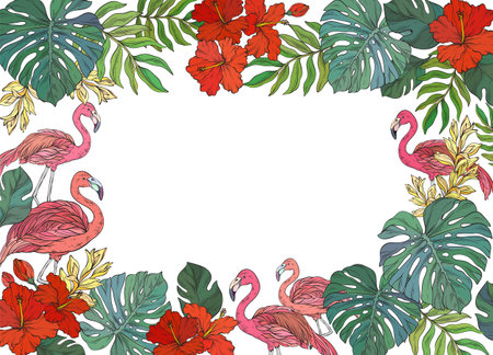 square frame adorned with pink flamingo and tropical palm leaves and flowersのイラスト素材