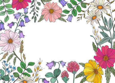 square frame of different wild herbs and flowerのイラスト素材