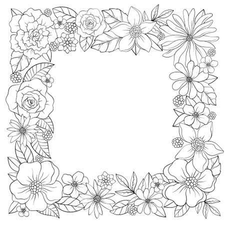 Line art floral square frame with wild flowersのイラスト素材