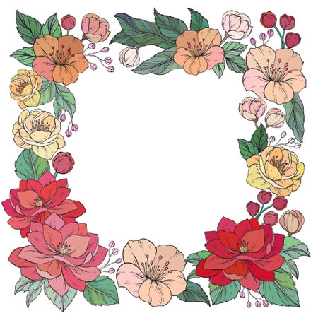 square frame with decorative flowers on white backgroundのイラスト素材