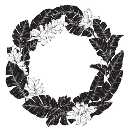 silhouette circular wreath made of Tropical vector banana palm leaves backgroundのイラスト素材