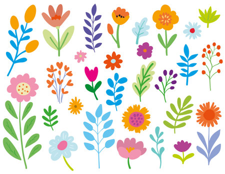 A vector set featuring colorful hand-drawn flowers and leavesのイラスト素材