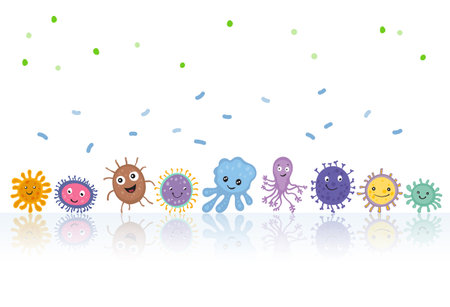 various cartoon-style gut bacteria on white background, microbiome in the intestineのイラスト素材