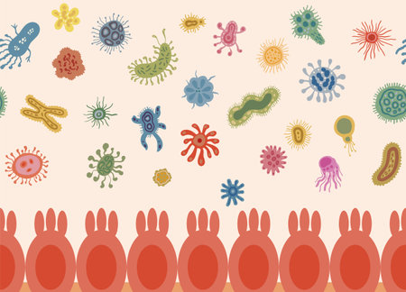 bacteria inside the intestine, floating above the intestinal mucosa, representing the gut microbiomeのイラスト素材