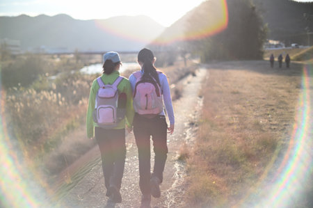 Sisters on the riverside - The Wake Alps, Okayama, Japanの写真素材