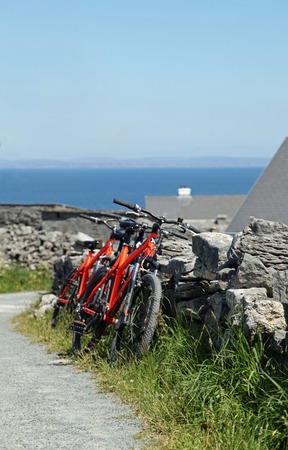 Red bicycles next to the roadの写真素材