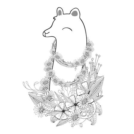 Coloring page adults pretty flowers and other elements. Face books and animalの写真素材