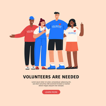 Volunteers needed flat colorful vector illustration for web banners, infographics, landing pages, advertising. Group of young men and women standing togetherのイラスト素材