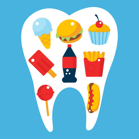 Food for unhealthy teeth concept with white tooth. Unhealthy foods for teeth such as muffin, burger, ice-cream, candy, hot-dog, potatoes, sugar drinkのイラスト素材