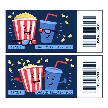Flat illustration with cartoon movie popcorn and soda. Cartoon popcorn striped bucket with plastic cup of soda. Vector cinema tickets . Isolated movie snack objects.Drink and foodのイラスト素材