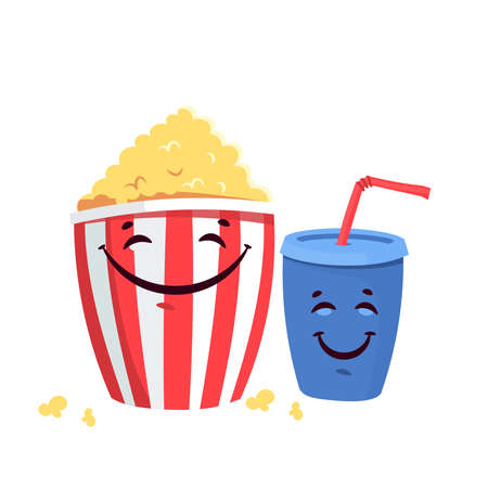 Cute fast food character. Cartoon food character popcorn and soda. のイラスト素材
