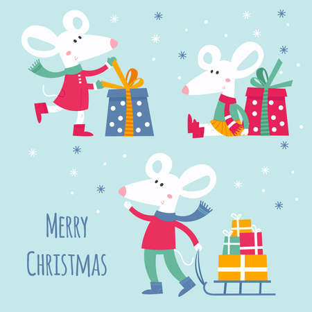 Big new year and Christmas designs with cartoon animals. stock illustrationのイラスト素材