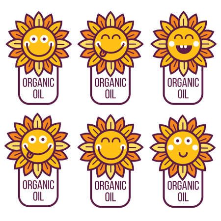 Sunflower emoticon set. Card sticker label icon avatar elementのイラスト素材