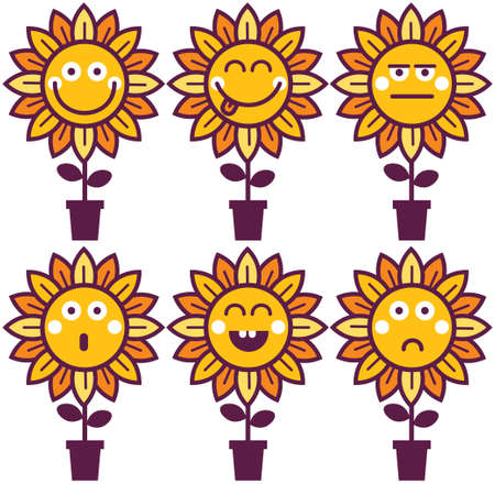 Sunflower emoticon set. Card sticker label icon avatar   elementのイラスト素材