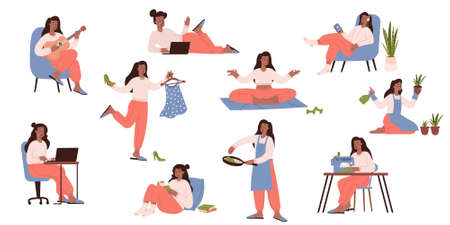 Set of illustration of home activities in quarantine isolationのイラスト素材