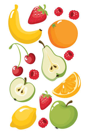 Funny fruits banana, orange, strawberry, apple, pear, lemon, cherry, raspberriesのイラスト素材