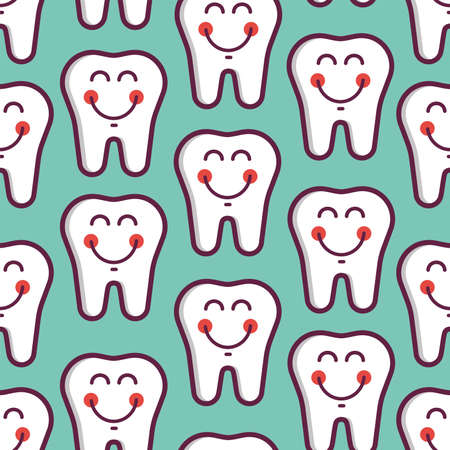 Vector dental seamless pattern cute smiley white teeth on the light blue backgroundのイラスト素材