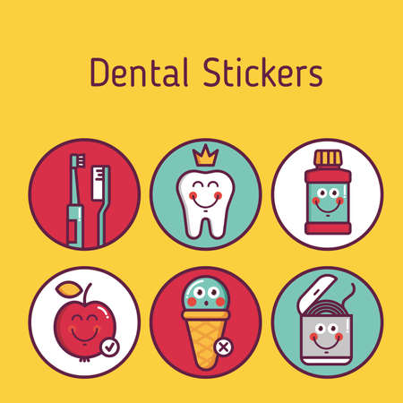 Kids oral care vector set. Dental hygiene for child - stickers brushes, teeth, lotion, floss, apple, ice creamのイラスト素材