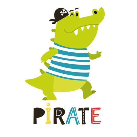 Collection of African animals adorable pirates isolated on white background. Cute Alligator pirateのイラスト素材