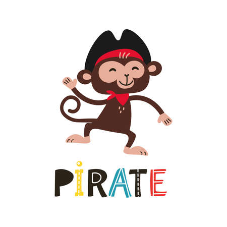 Childish vector illustration in flat cartoon style. Brown monkey pirateのイラスト素材