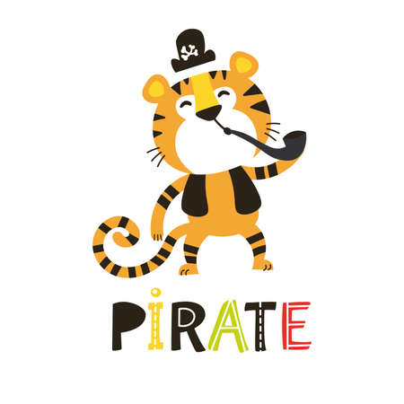 African Animals set. Cartoon adorable Tiger pirate.のイラスト素材