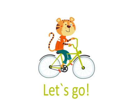 Cute Animal on bike goes for a walk. Cartoon vector African tiger for Children card, sticker, party invitation, print for baby clothesのイラスト素材