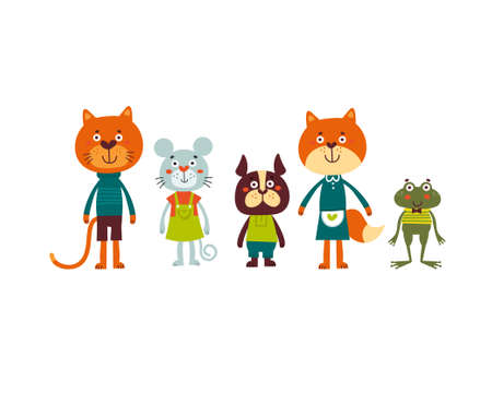 Cute animal set including cat, mouse, dog, fox and frog. Cartoon vector illustrationの写真素材