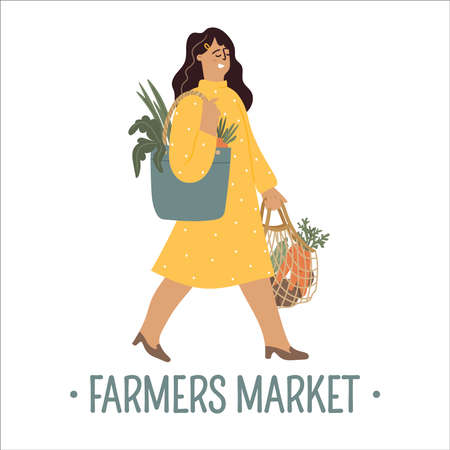 Woman holding reusable cotton and string bags with farmers vegetables.のイラスト素材