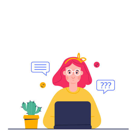 Online education concept. Distance study at school. Vector cartoon illustration of girl, studying by online learning with laptop.のイラスト素材