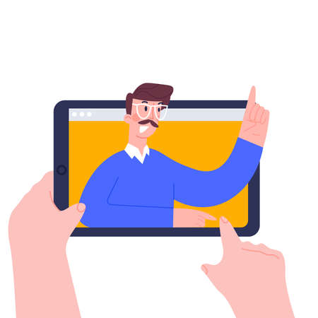 Using digital tablet pc for distance lessons, video course, web seminar, internet class, personal teacher service.Online education for school and university conceptのイラスト素材