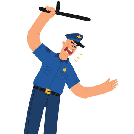 Police officer in uniform using stick flat design vector illustration.のイラスト素材