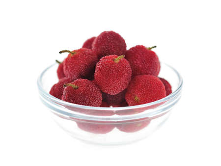 Waxberries  (Chinese Bayberry or Yangmei) in clear glass bowl.の写真素材
