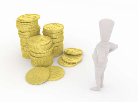 3D mannequin looking at money with his hands on waist