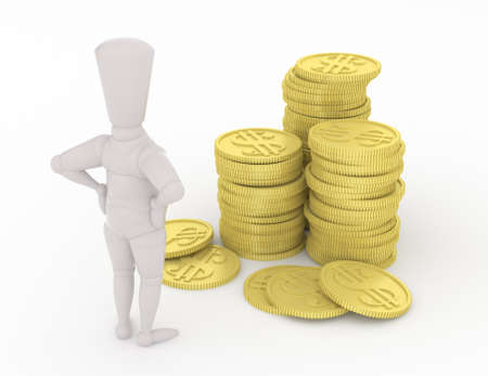 3D mannequin looking at money with his hands on waistの写真素材