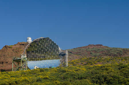The MAGIC telescope in Roque de los Muchachos Observatory, La Palma, Canary islands, Spain. The MAGIC telescope can detect very high energy gamma rays in a range of energies where no other telescope in the world can operate.の写真素材