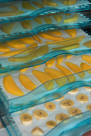Fruits being dehydrated on racks in a machine