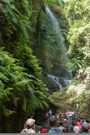 "LA PALMA, CANARY ISLANDS, SPAIN - AUGUST 13TH 2017: people admiring the waterfall of the forest of Los Tilos, Biosphere Reserve on the island of La Palma"のeditorial素材