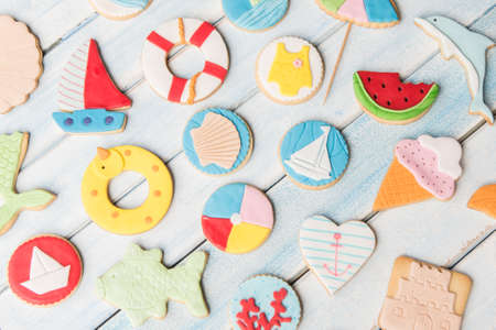 Group of butter cookies decorated with fondant. Summer concept.の写真素材