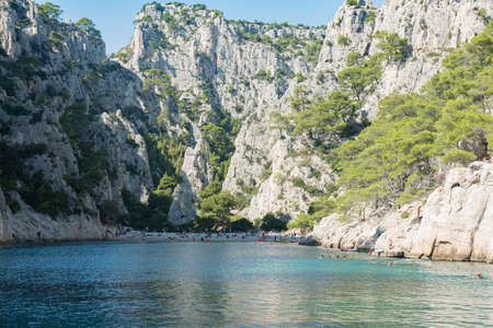 View of the famous French fjords,Calanques national park, Calanque d'En Vau bay from the sea, Cassis, Marseille, Southern France, Europeの写真素材