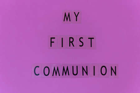 Concept: First communion. Poster announcer in English.  Purple background.