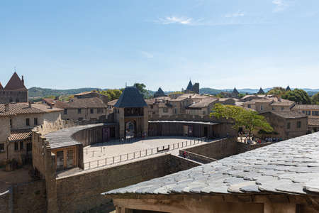 Views of the fortified city of Carcassonne, from the windows of its castle.のeditorial素材